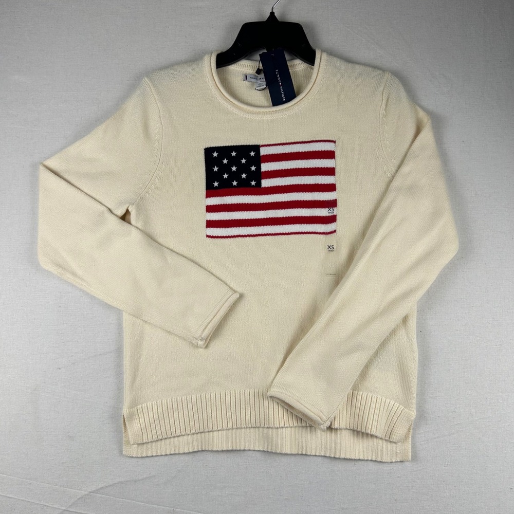 Tommy Hilfiger Womens Cream American Flag Cotton Knit Sweater XS XW07858 250 AEF